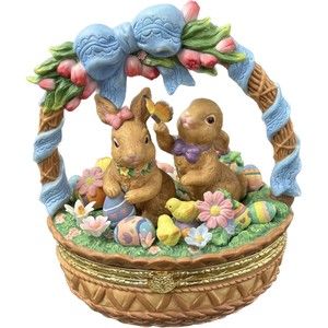 Porcelain Easter Basket Large Trinket Box with Bunnies and Flowers in Box